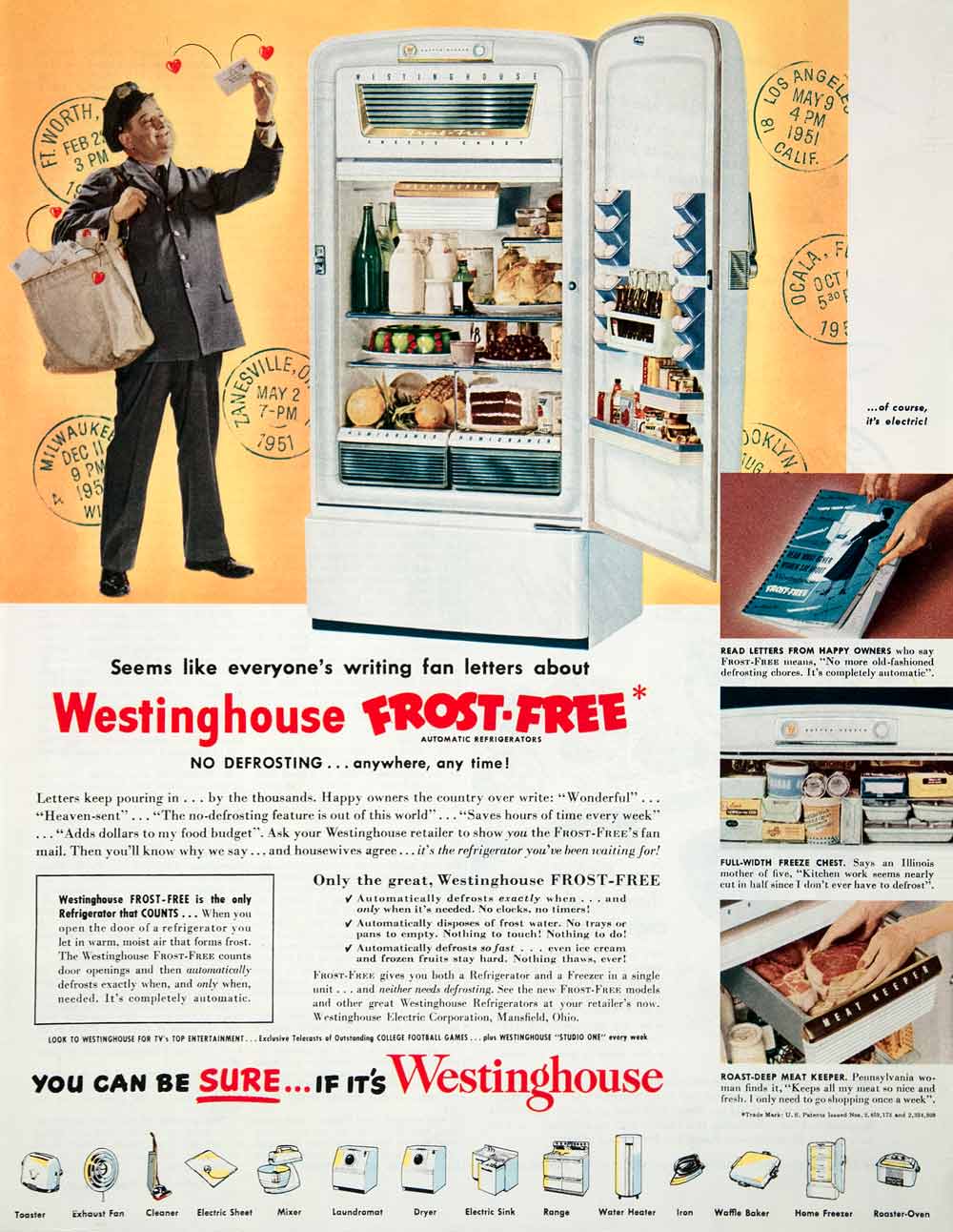 1951 Ad Westinghouse Frost Free Automatic Refrigerator Defrost Mailman Period Paper Historic