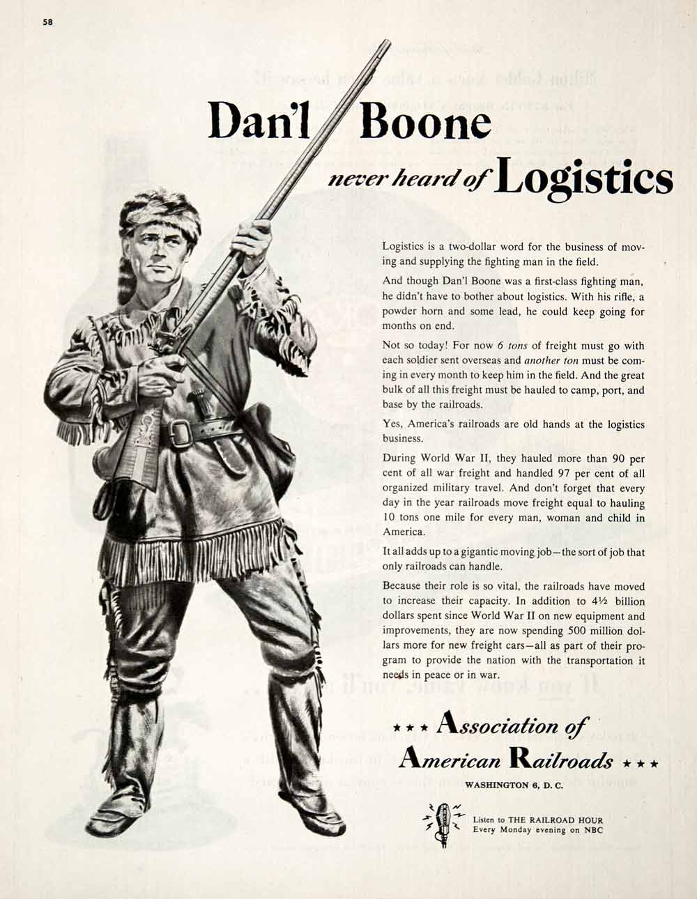 1950 Ad Railway System Association American Railroads Daniel Boone COLL2