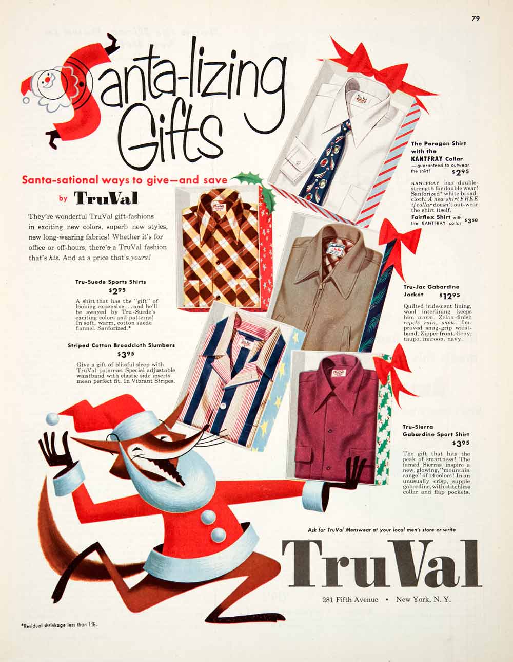 1951 Ad TruVal Gift Box Set Menswear Shirt Fifth Avenue Christmas Santa COLL2