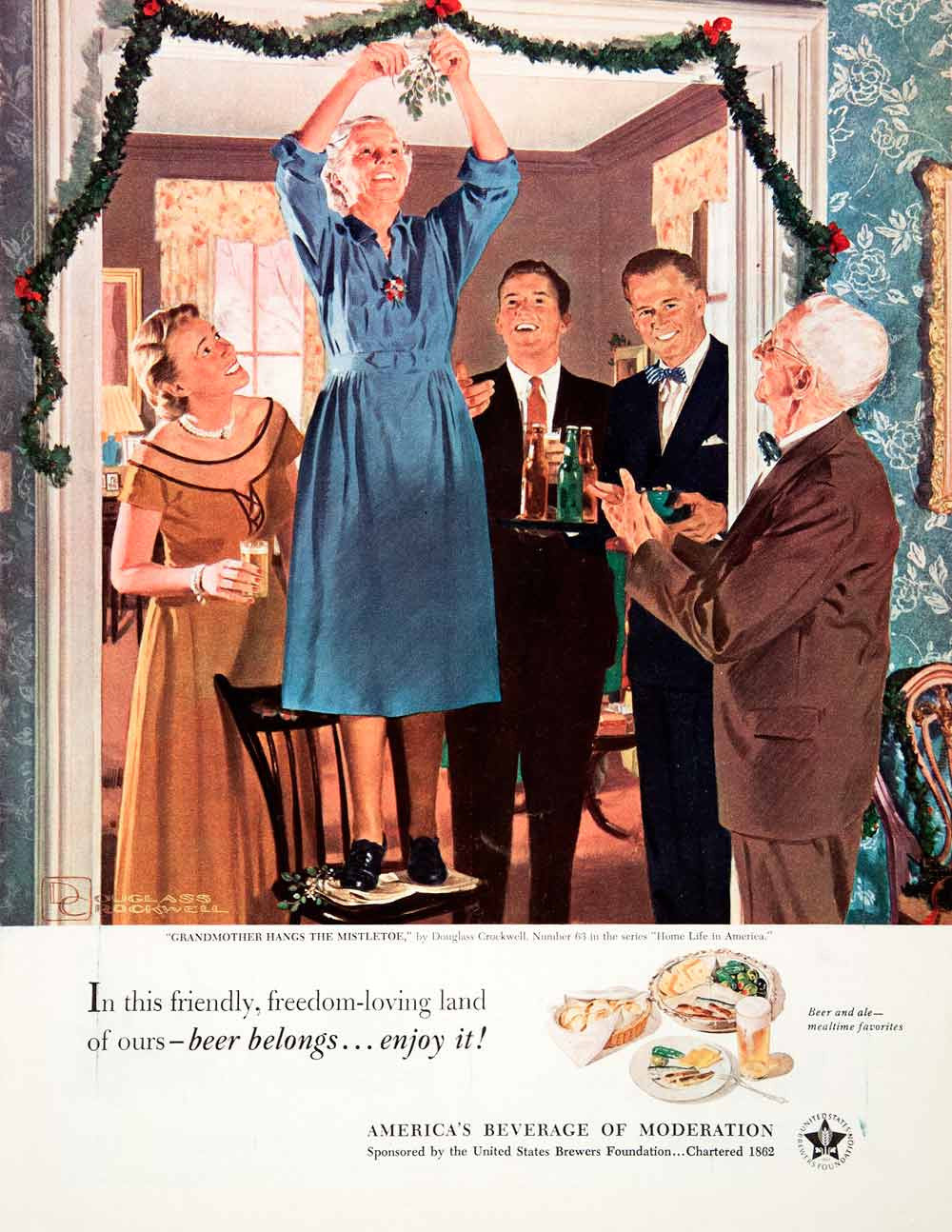 1951 Ad Beer Ale Holiday Party Grandmother Hangs Mistletoe Douglas COLL2