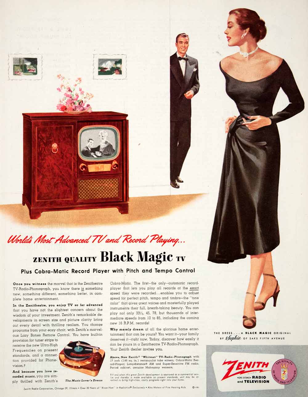1951 Ad Zenith Black Magic Television Cobra-Matic Record Player Chicago COLL2