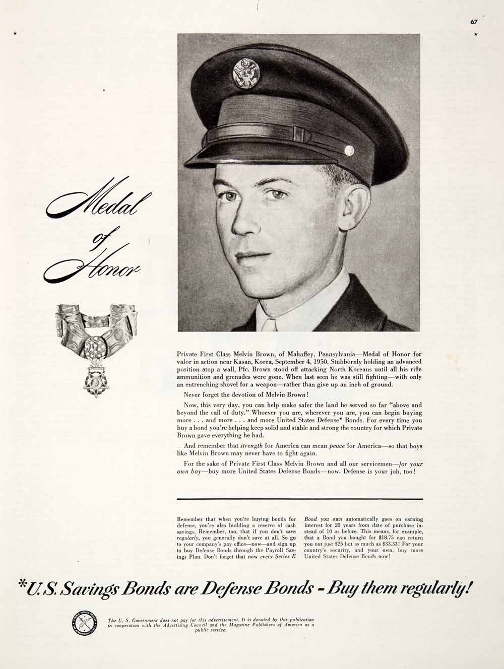 1951 Ad US Savings Defense Bonds Private First Class Melvin Brown Mahaffey COLL2