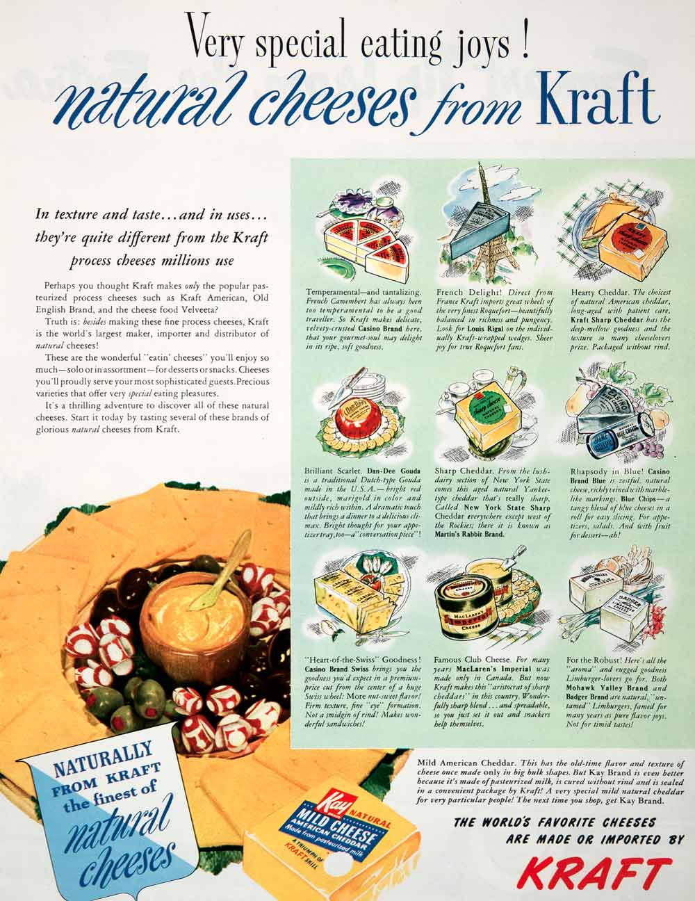 1950 Ad Kraft Natural Cheese Casino Brand Louis Rigal Sharp Cheddar Kay COLL3