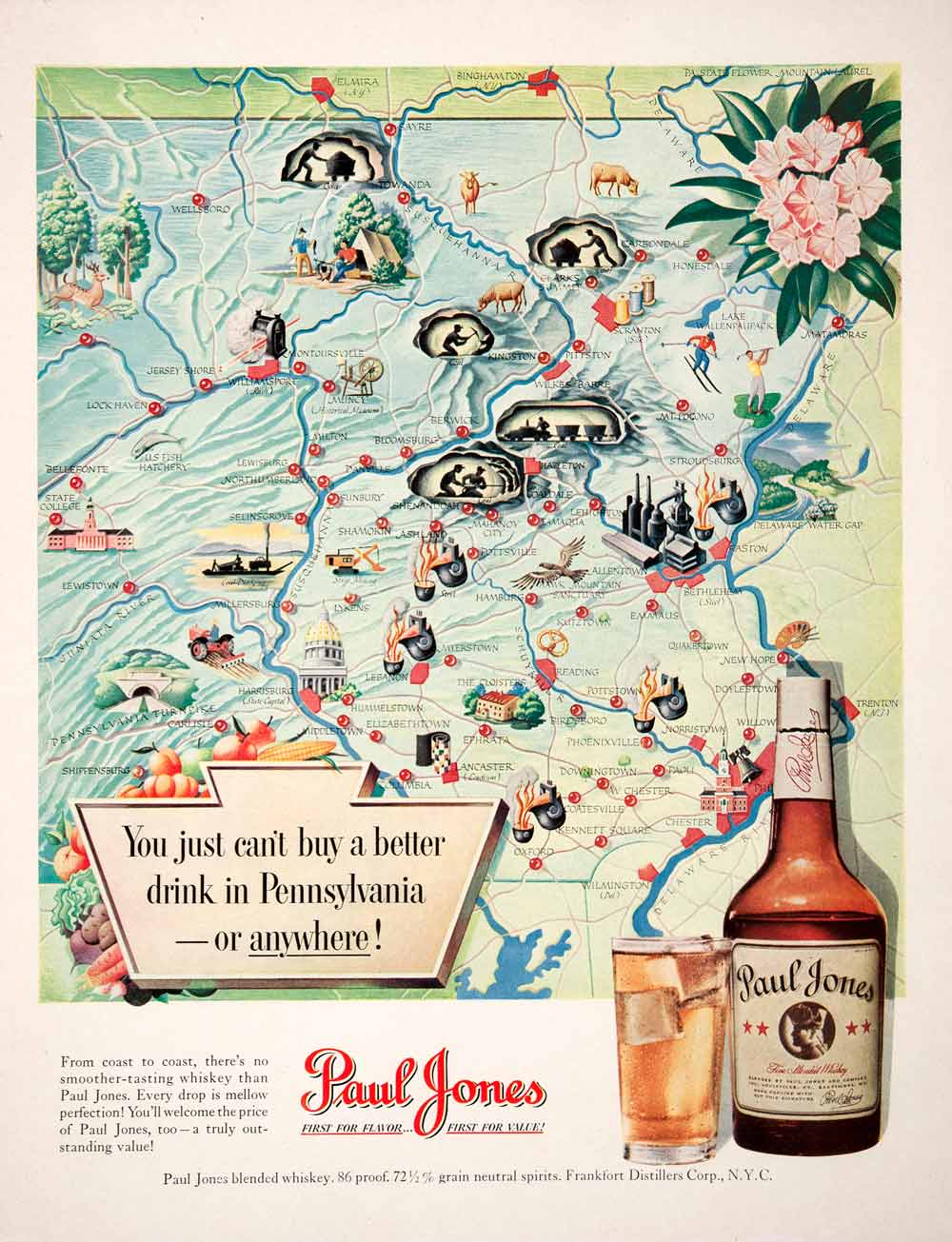 1950 Ad Paul Jones Whiskey Frankfurt Distillers Pennsylvania Map Fine COLL3