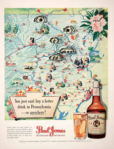 1950 Ad Paul Jones Whiskey Frankfurt Distillers Pennsylvania Map Fine COLL3