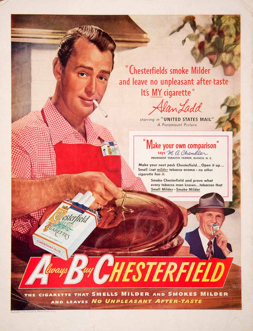 1950 Ad Chesterfield Cigarettes Liggett Myers Tobacco Alan Ladd Paramount COLL3