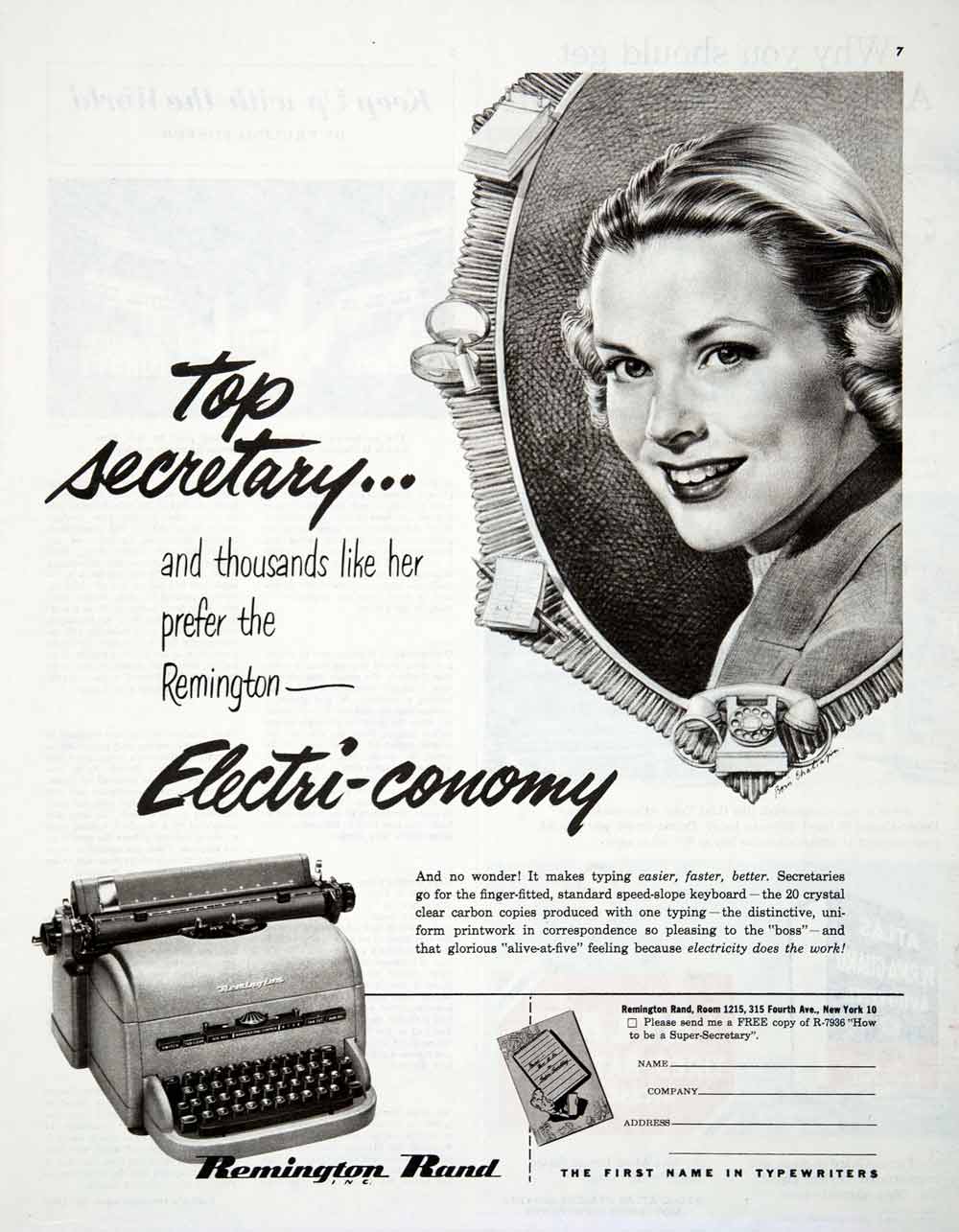 1950 Ad Remington Rand Typewriter Boris Chaliapin New York City Secretary COLL3