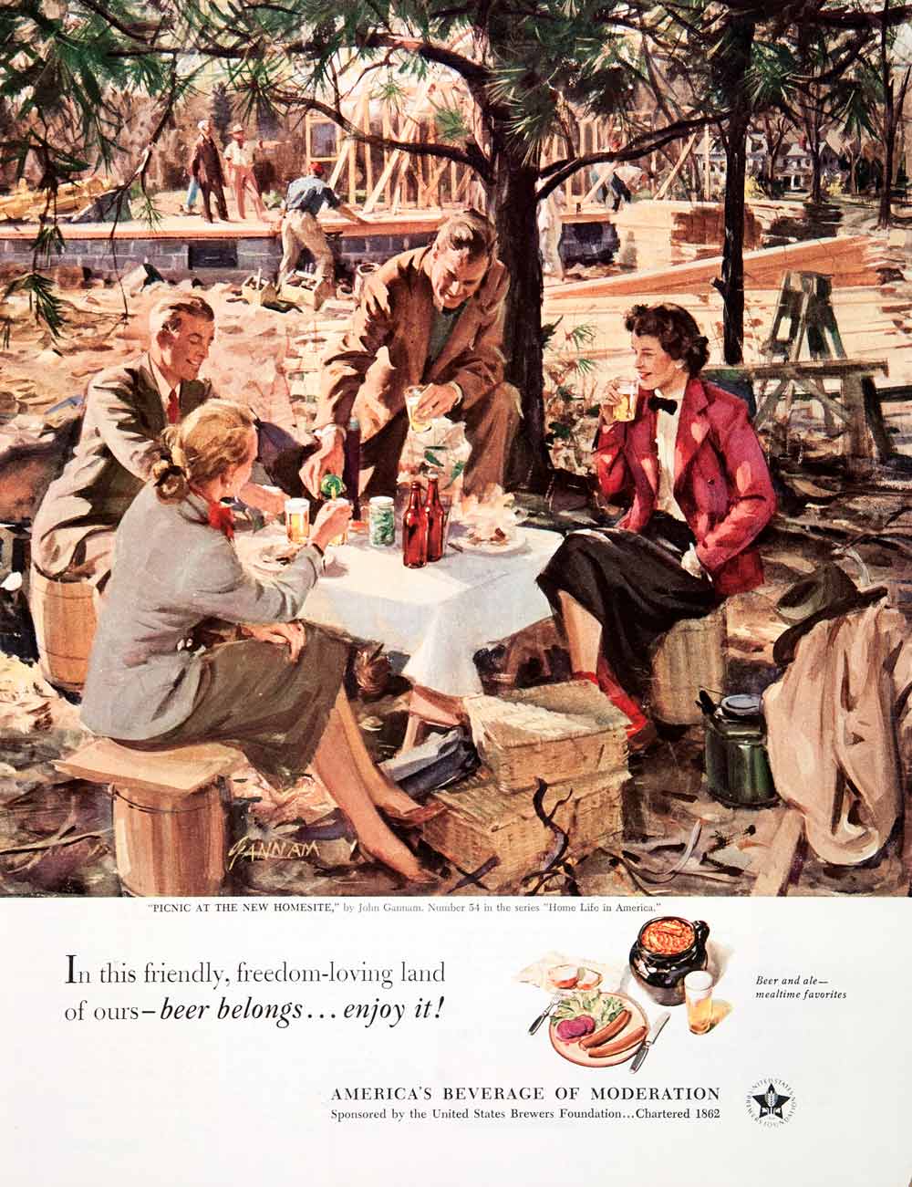 1951 Ad United States Brewers Beer John Gannam Picnic Alcohol Construction COLL3