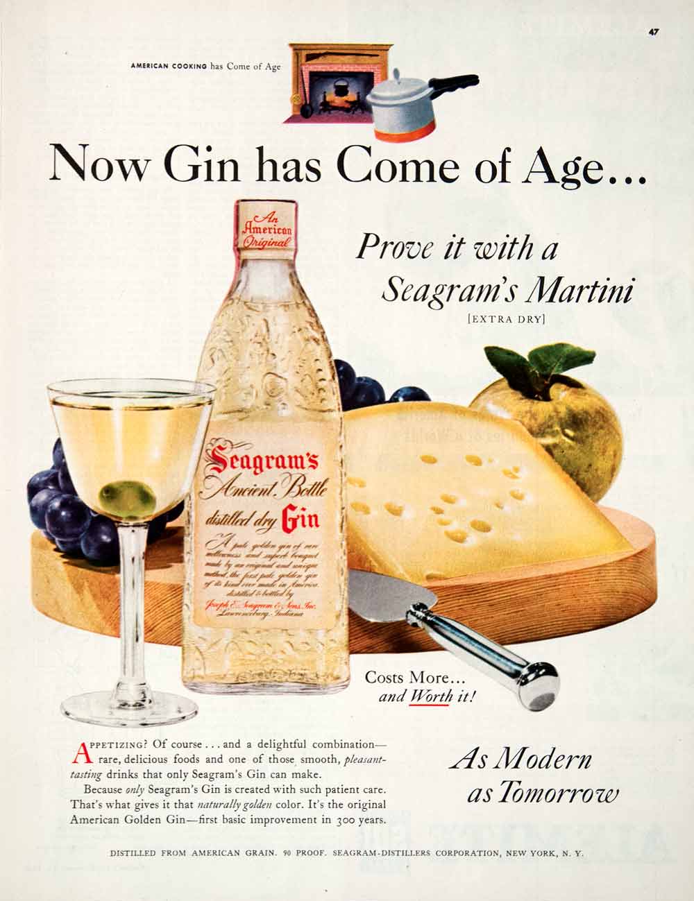 1952 Ad Seagram's Dry Gin Martini Grain Distillers New York City Fruit COLL3