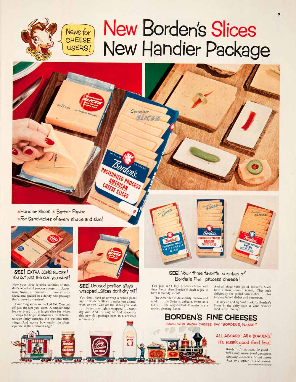 1952 Ad Borden's Cheeses Slices American Swiss Pimento Instant Coffee Ice COLL3