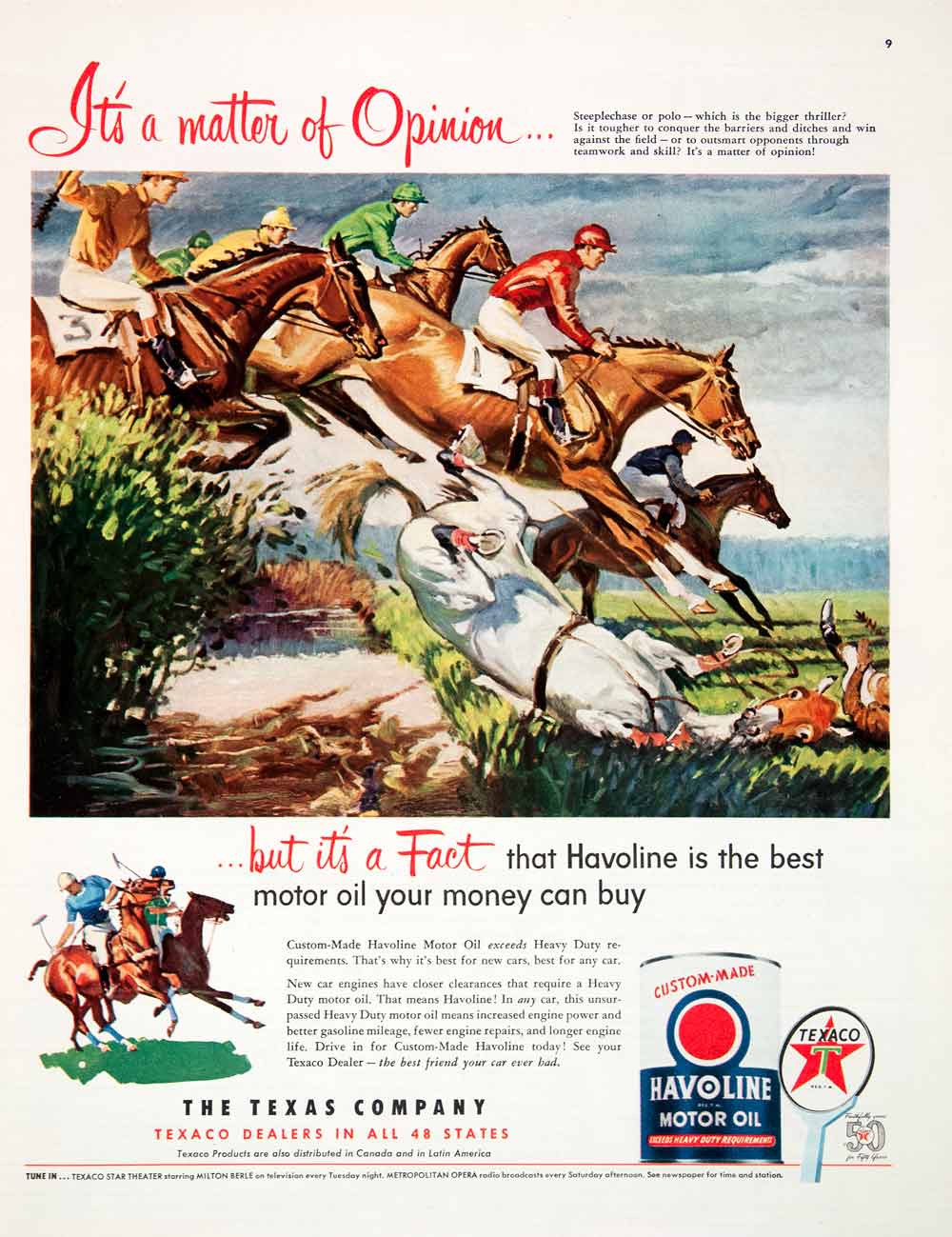 1952 Ad Texaco Havoline Motor Oil Steeplechase Polo Horse Sports COLL3