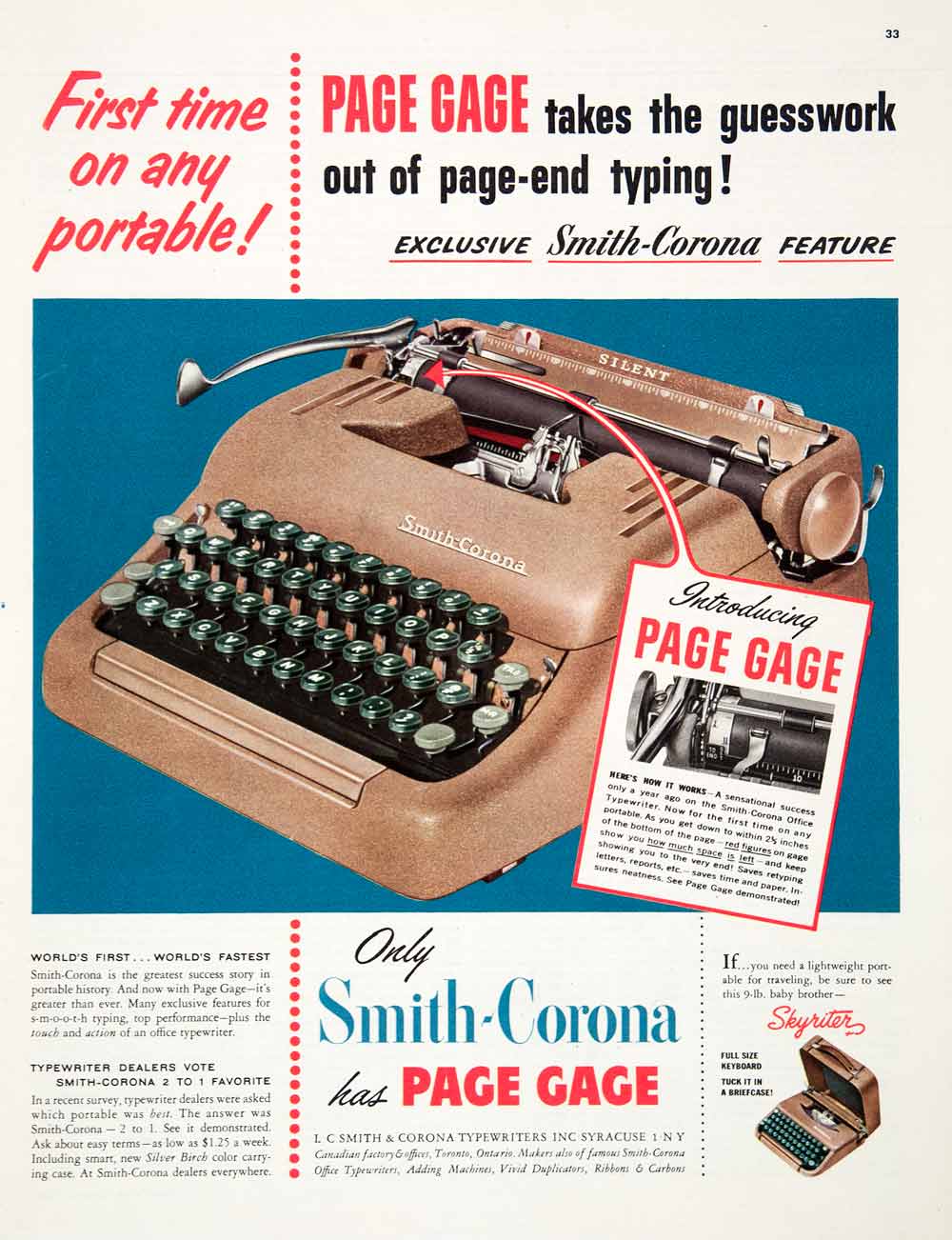 1952 Ad Smith-Corona Typewriter Page Gage Skyriter Syracuse Toronto Office COLL3