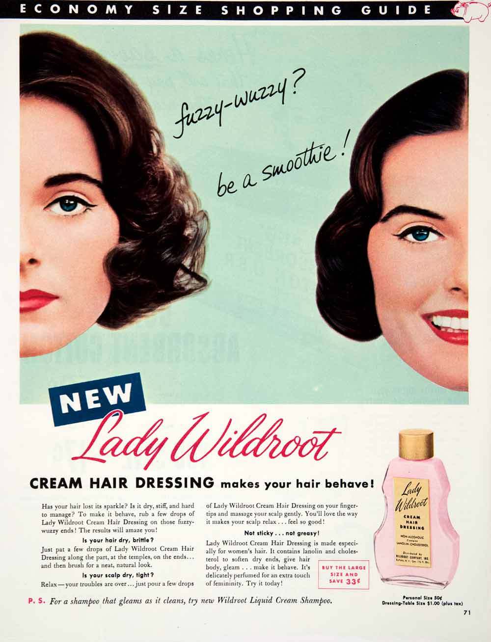 1952 Ad Lady Wildroot Cream Hair Dressing Shampoo Buffalo Tame Smooth – Period Paper Historic Art LLC
