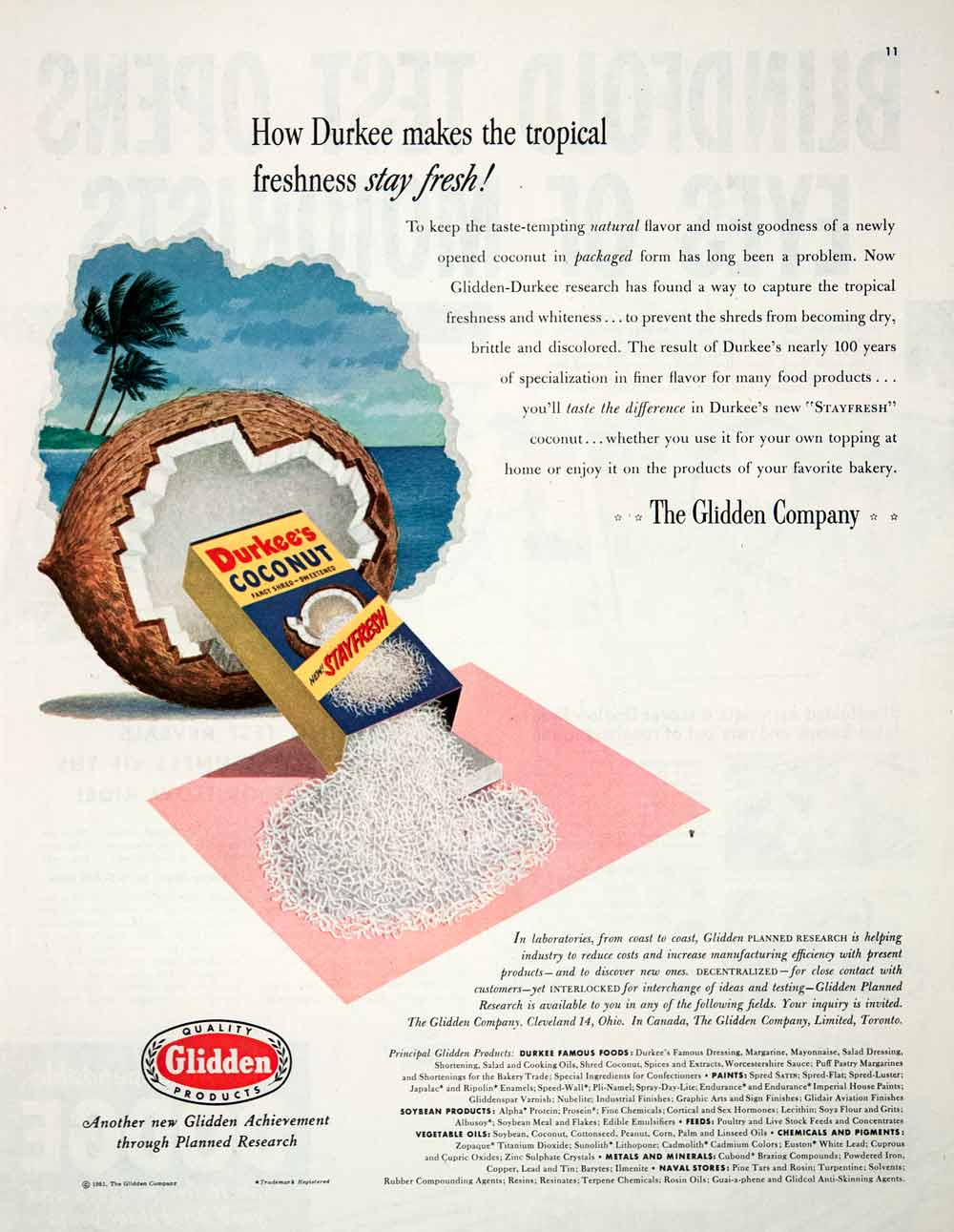 1951 Ad Durkee's Coconut Glidden Foods Paints Soybean Feeds Chemicals COLL3