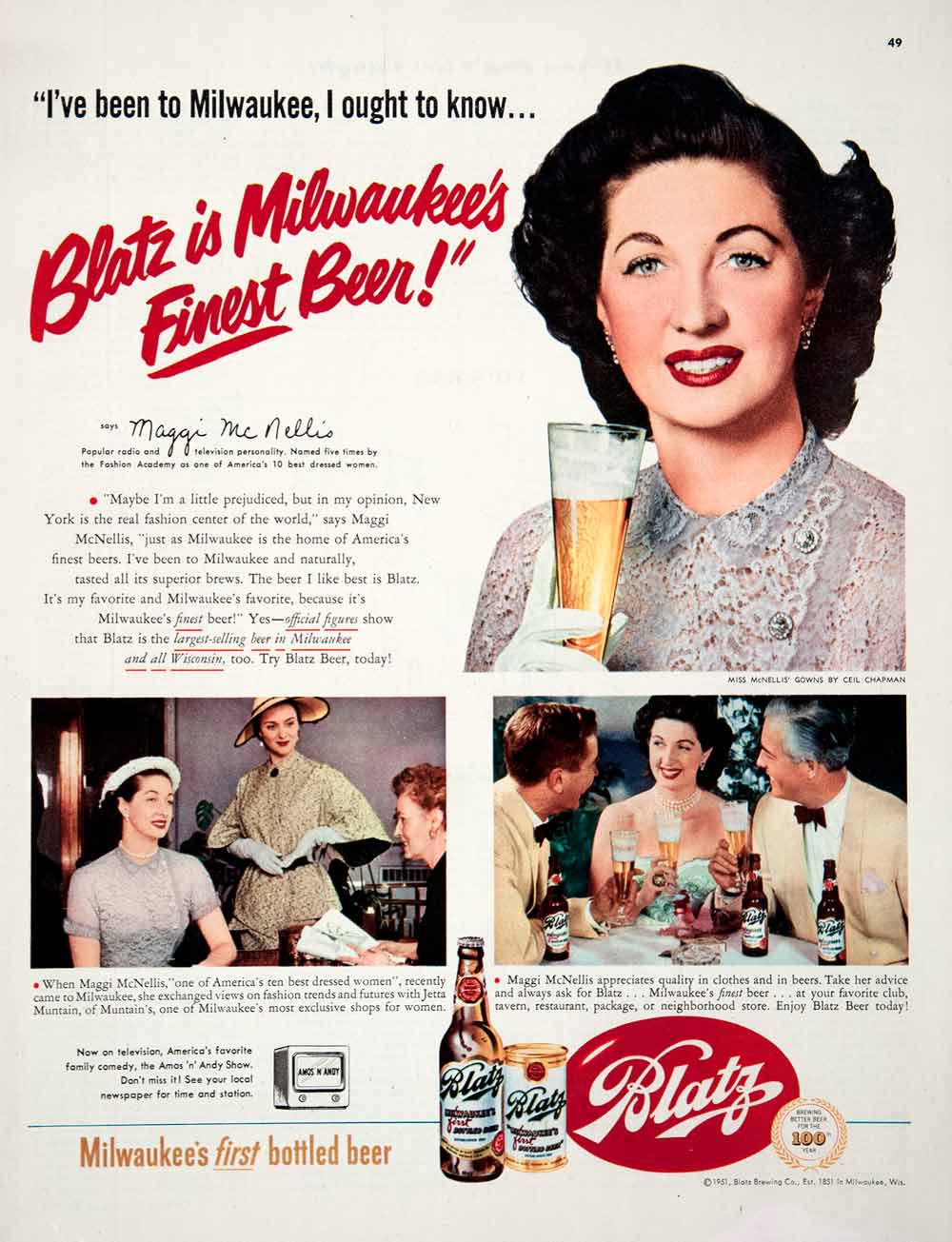 1951 Ad Blatz Beer Maggi McNellis Radio Fashion Jetta Muntain Ceil