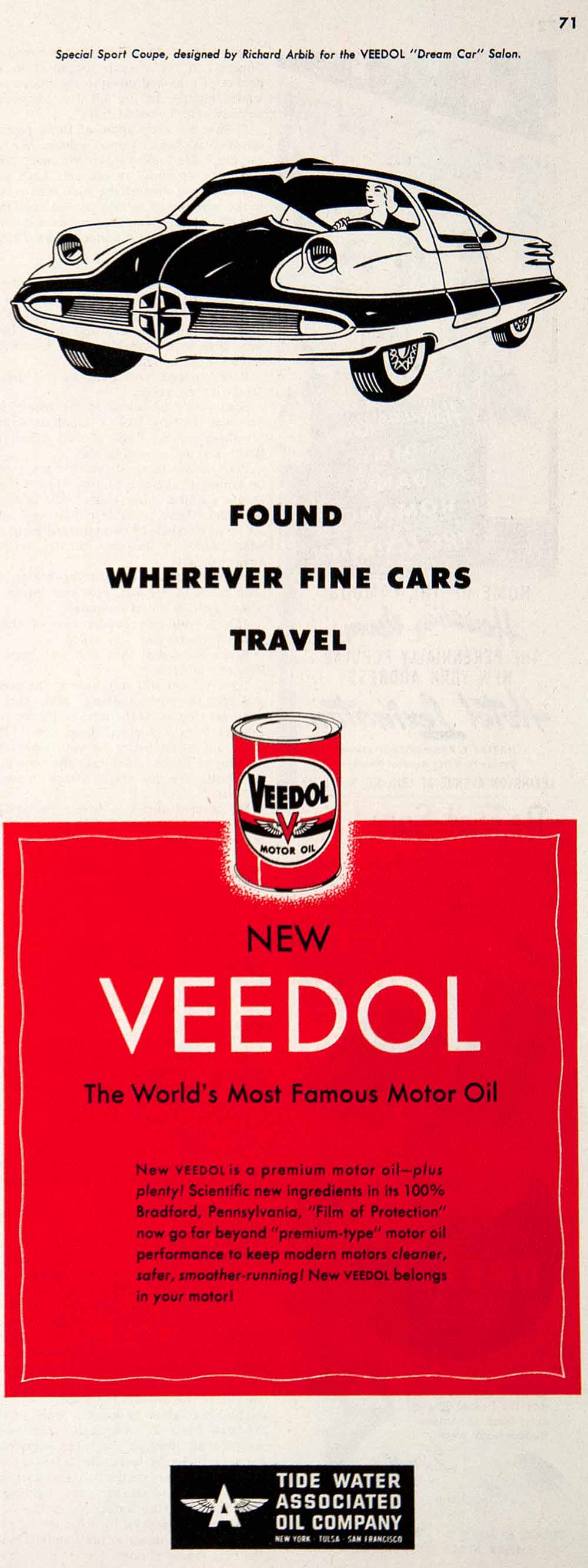 1951 Ad Veedol Motor Oil Tide Water Richard Arbib Special Sport Coupe COLL3