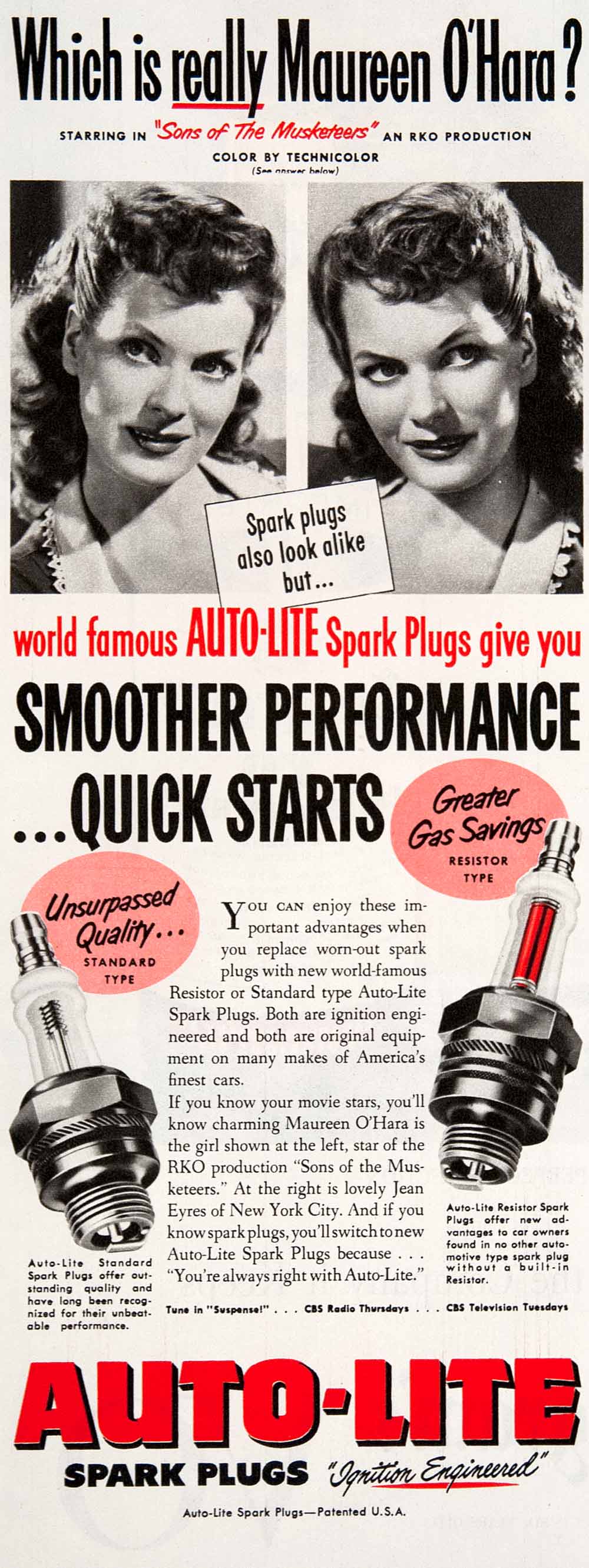 1950 Ad Auto-Kite Spark Plugs Ignition Maureen O'Hara Sons Musketeers RKO COLL3