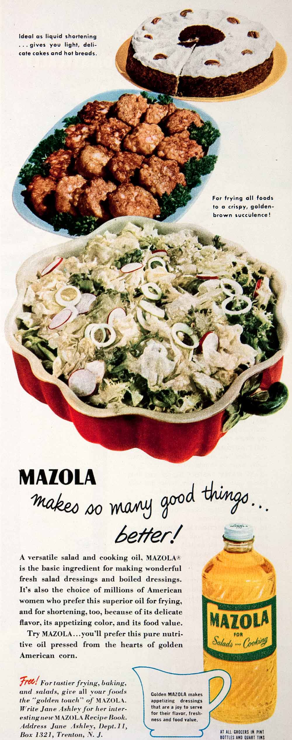 1950 Ad Mazola Salad Cooking Oil Jane Ashley Trenton New Jersey Cake Bread COLL3