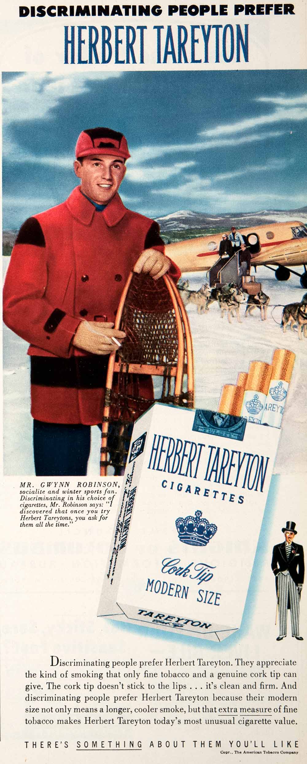 1951 Ad Herbert Tareyton Cigarette Gwynn Robinson Socialite Winter Sport COLL3