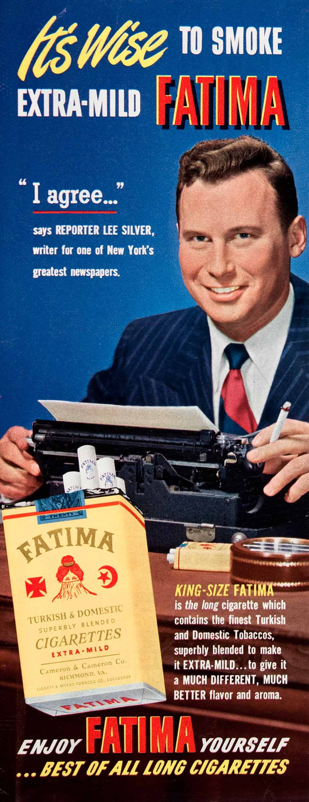 1950 Ad Fatima Cigarette Lee Silver Reporter New York Newspaper Cameron COLL3
