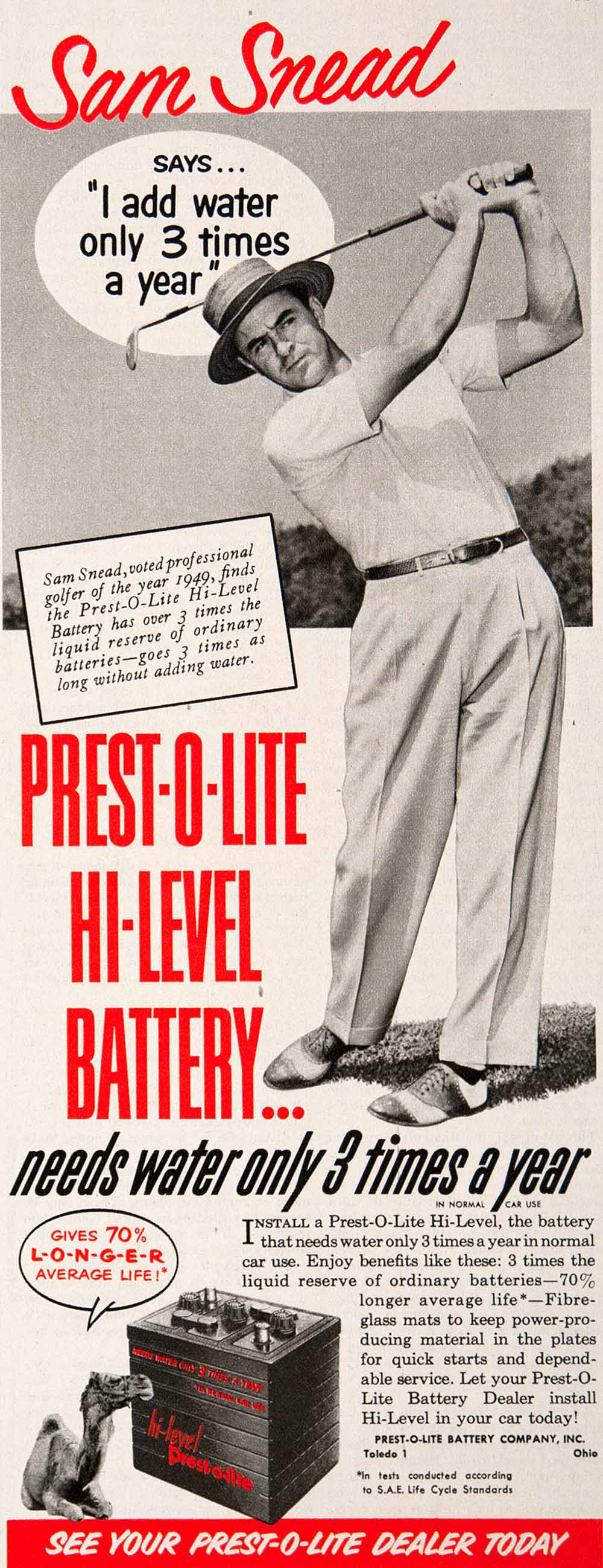 1950 Ad Prest-o-Kite Hi-Level Battery Sam Snead Professional Golfer 1949 COLL3