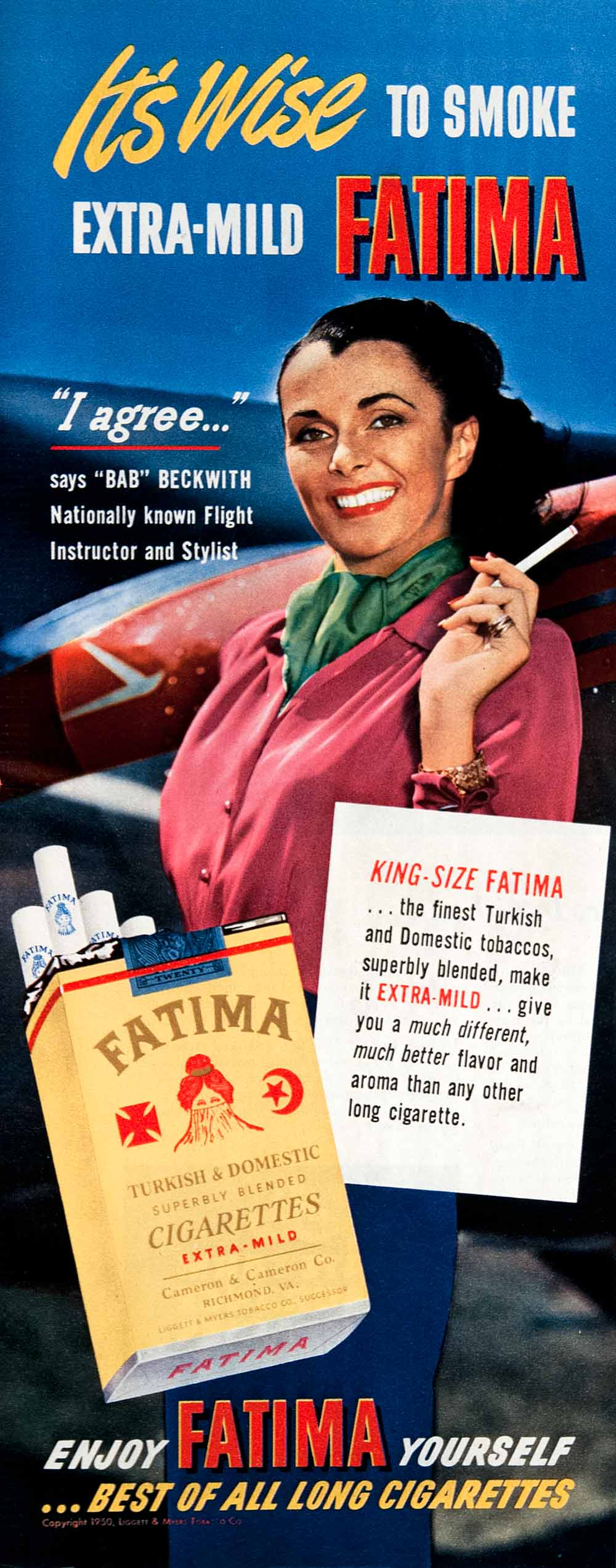 1950 Ad Fatima Cigarette Bab Beckwith Flight Instructor Stylist Turkish COLL3