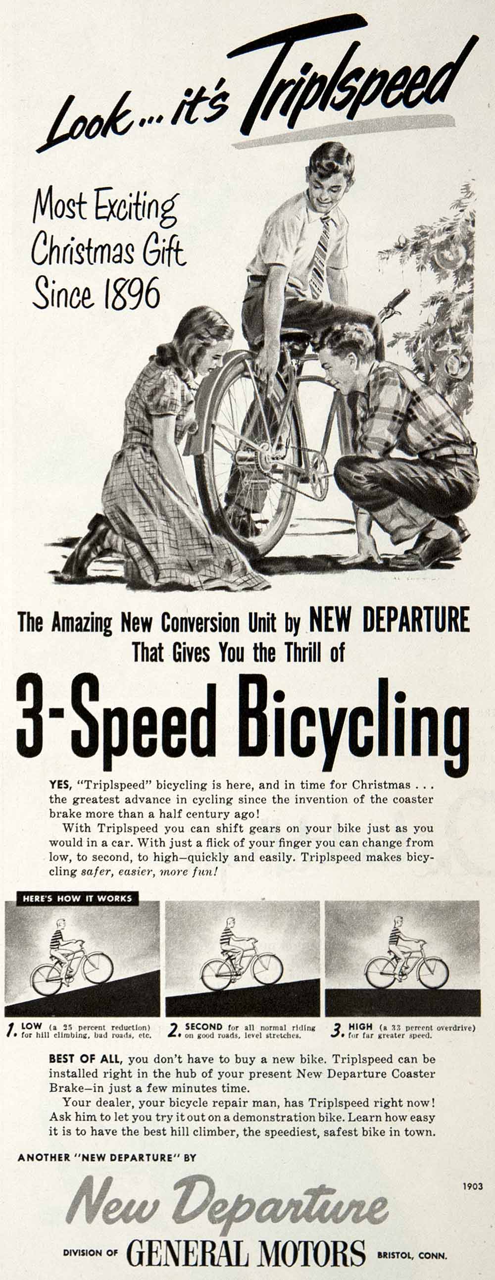 1950 Ad New Departure Triple Speed Bicycle Conversion Unit General Motor COLL3
