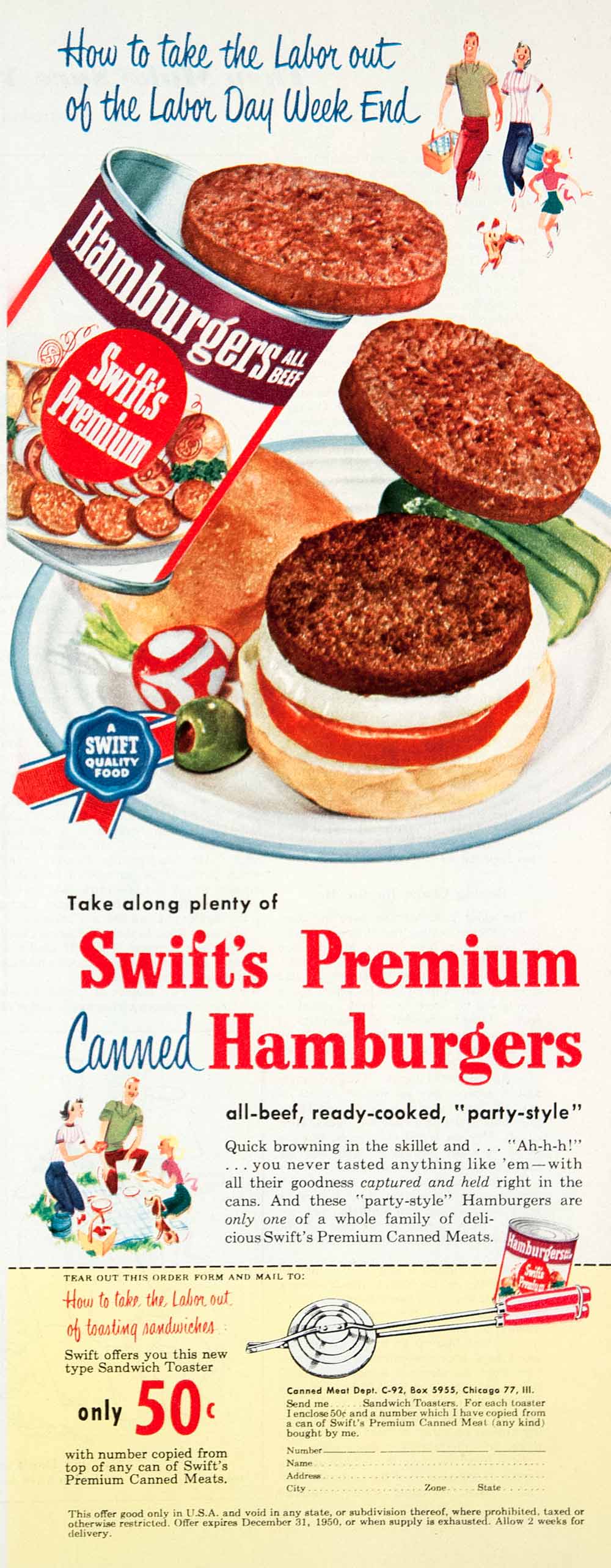 1950 Ad Swift's Premium Canned Hamburgers Ready-cooked Labor Day Meats COLL3