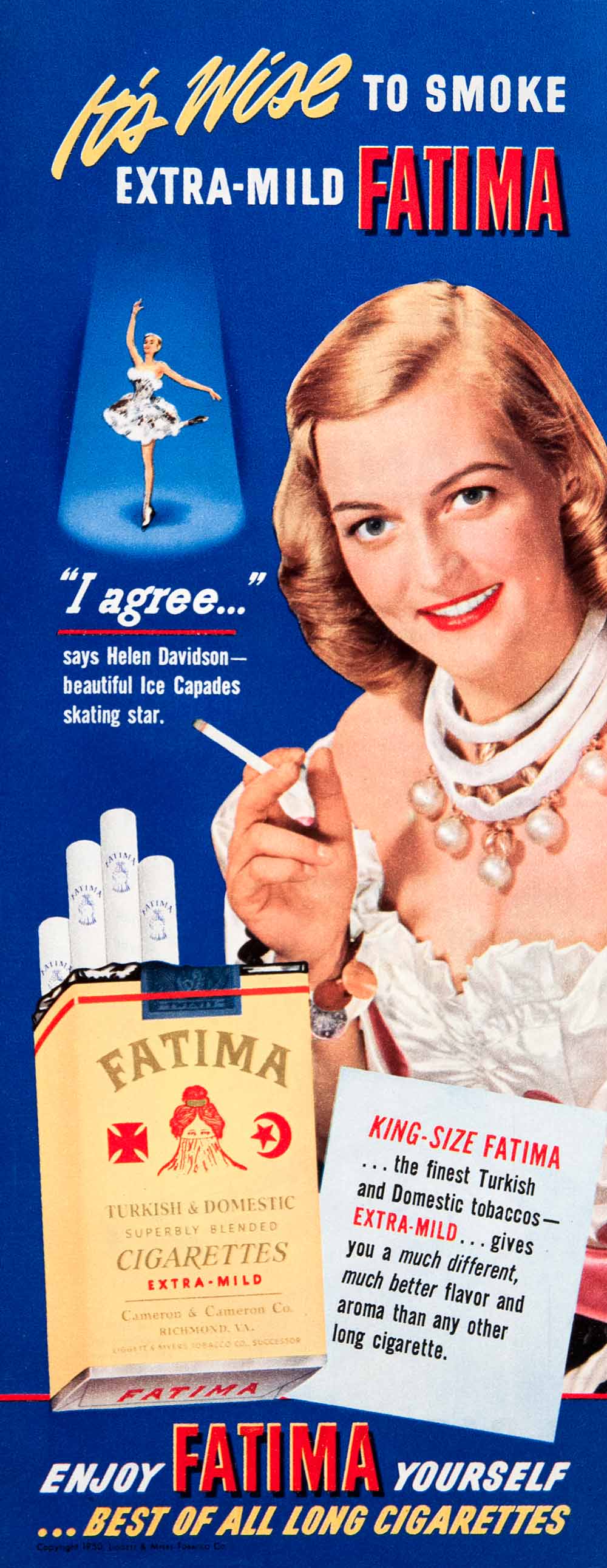 1950 Ad Fatima Cigarettes Helen Davidson Ice Capades Skating Star Turkish COLL3
