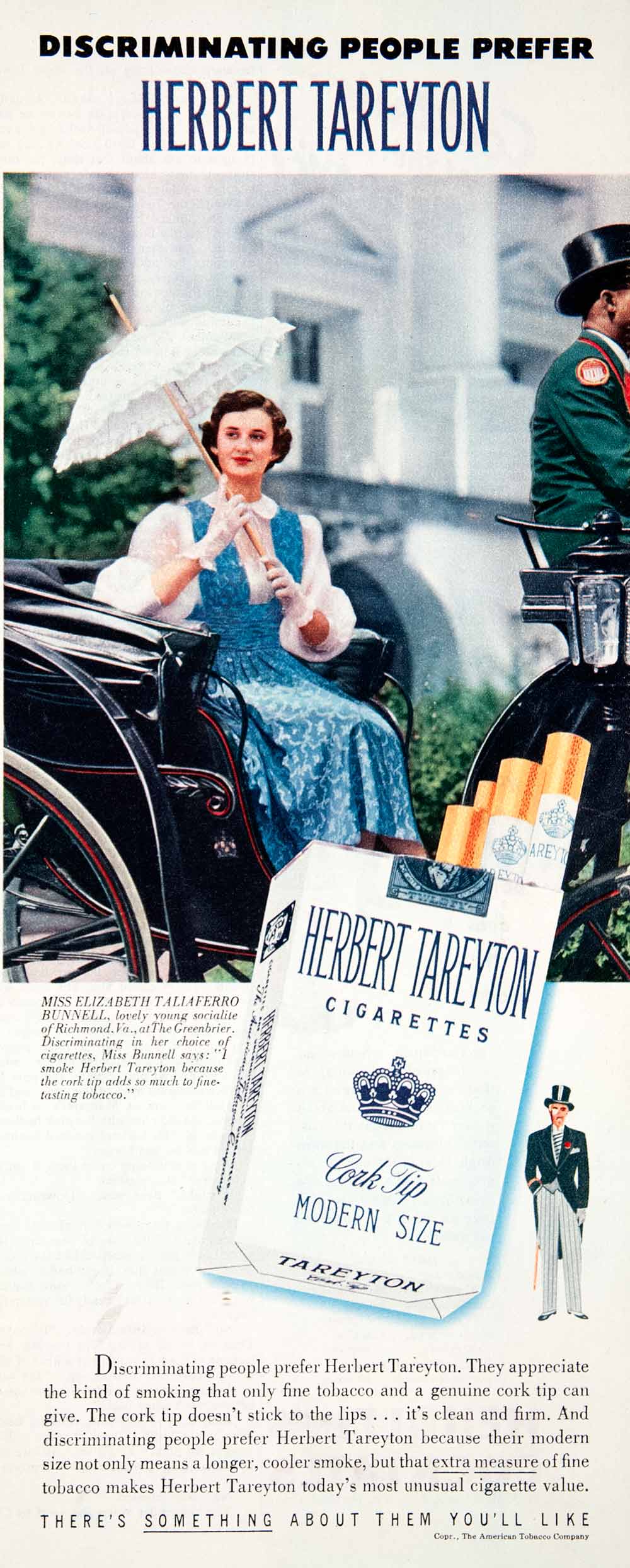 1951 Ad Herbert Tareyton Cigarettes Elizabeth Taliaferro Bunnell Socialite COLL3