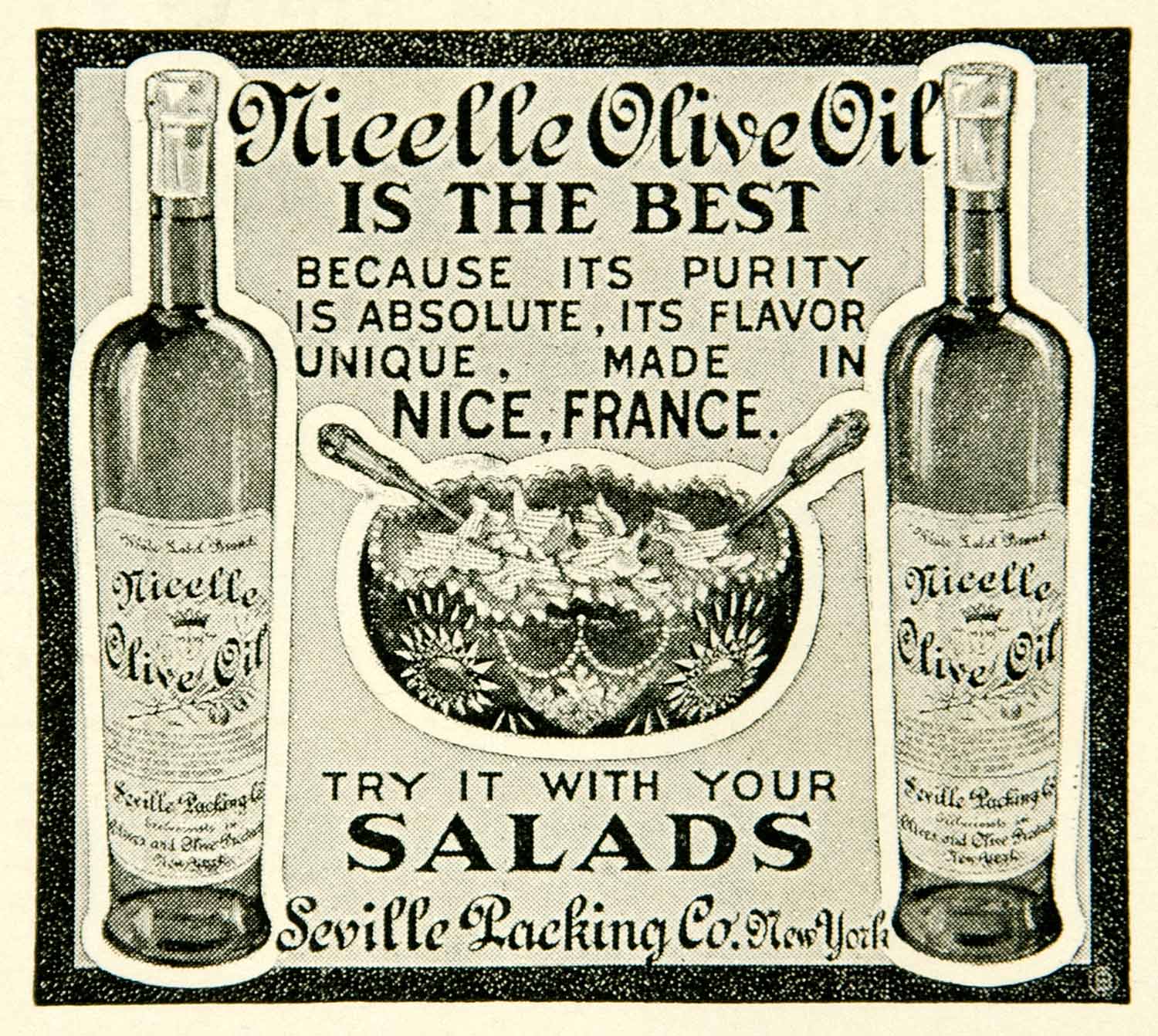 vintage glass salad dressing bottle 1899 Ad Nicelle Olive Oil Nice France French Salad Dressing Seville CO – Period Paper Historic Art LLC