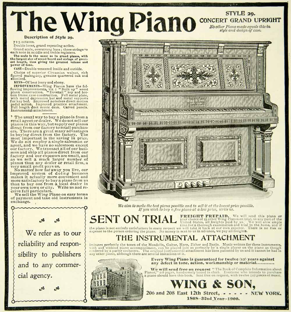 1900 Ad Wing Piano Musical Instrument Music Concert Grand Upright COLL4