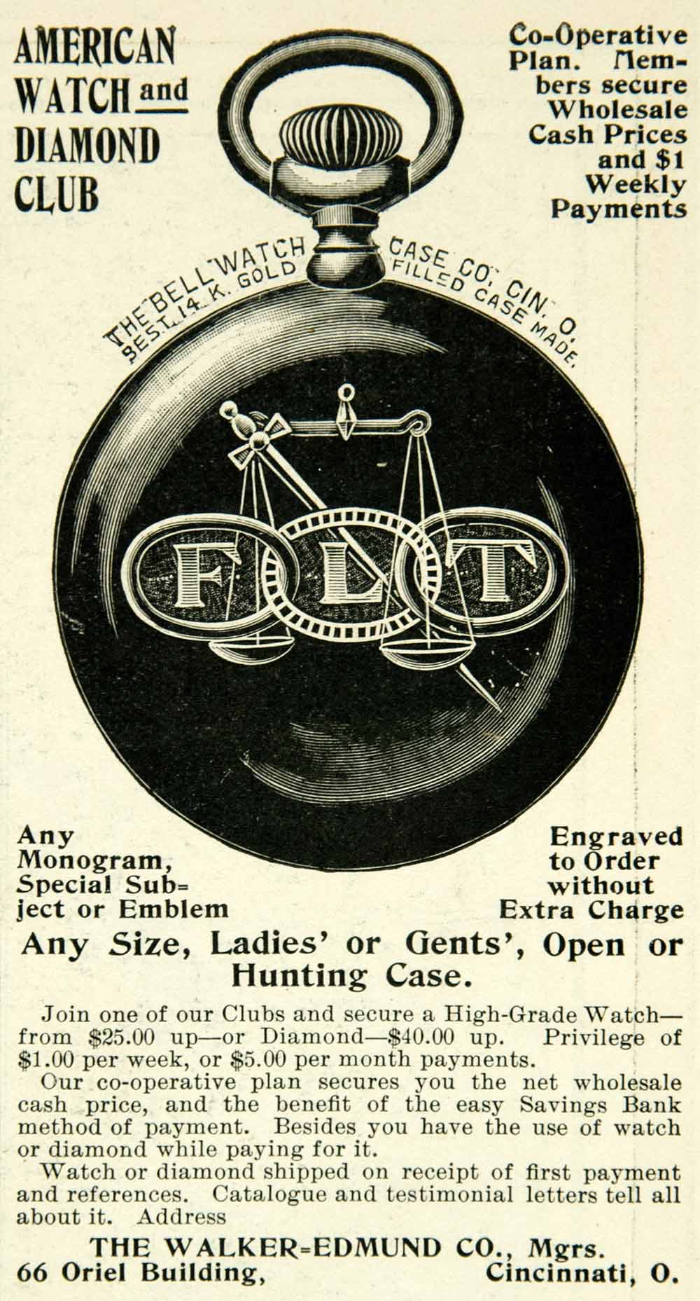 1900 Ad FLT Walker-Edmund Cincinnati Ohio American Watch Diamond Club Bell COLL4