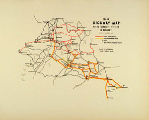1945 Print Conad Highway Map Motor Transport Germany World War II Yellow CON1