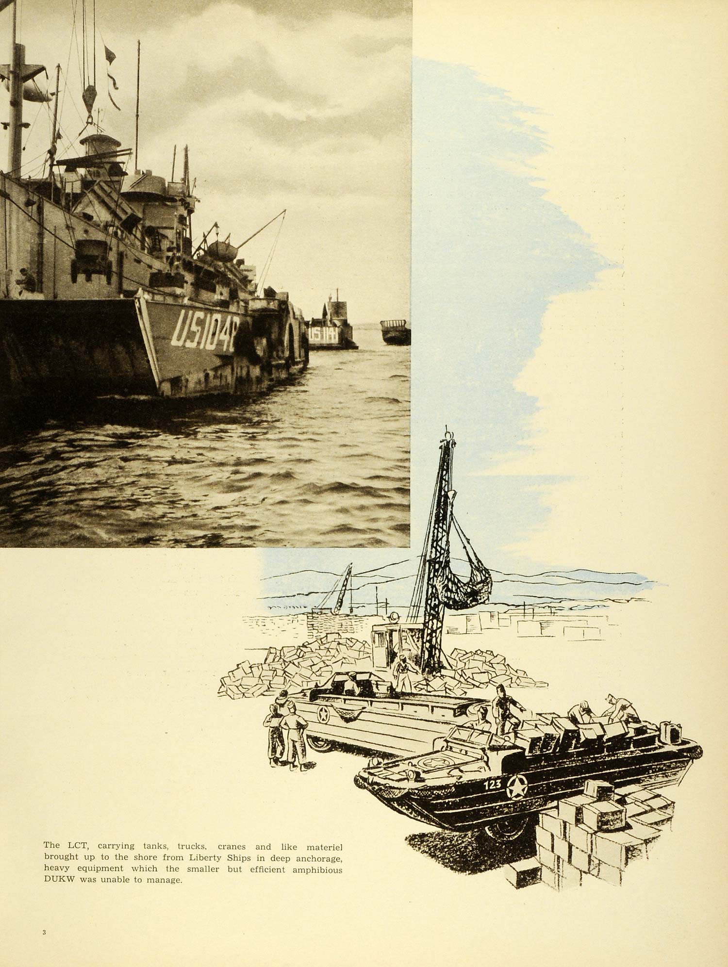 1945 Print Landing Craft Tank Liberty Ship Crane Marine Nautical Boat DUKW CON1