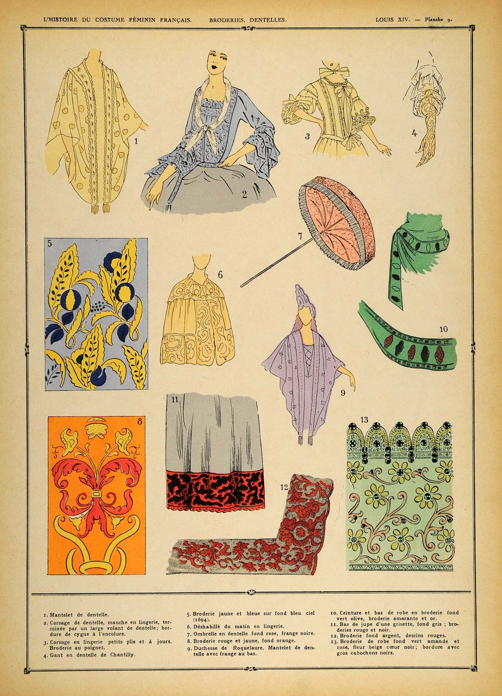 1922 Pochoir Louis XIV Costume Women Fabric Umbrella - ORIGINAL COS1