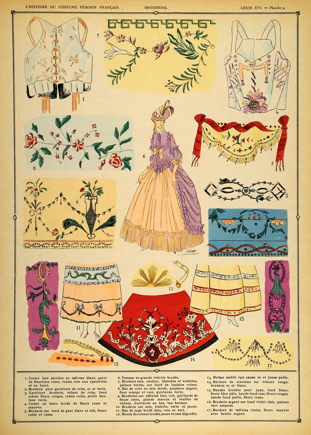 1922 Pochoir Louis XVI French Costume Embroidery Corset - ORIGINAL
