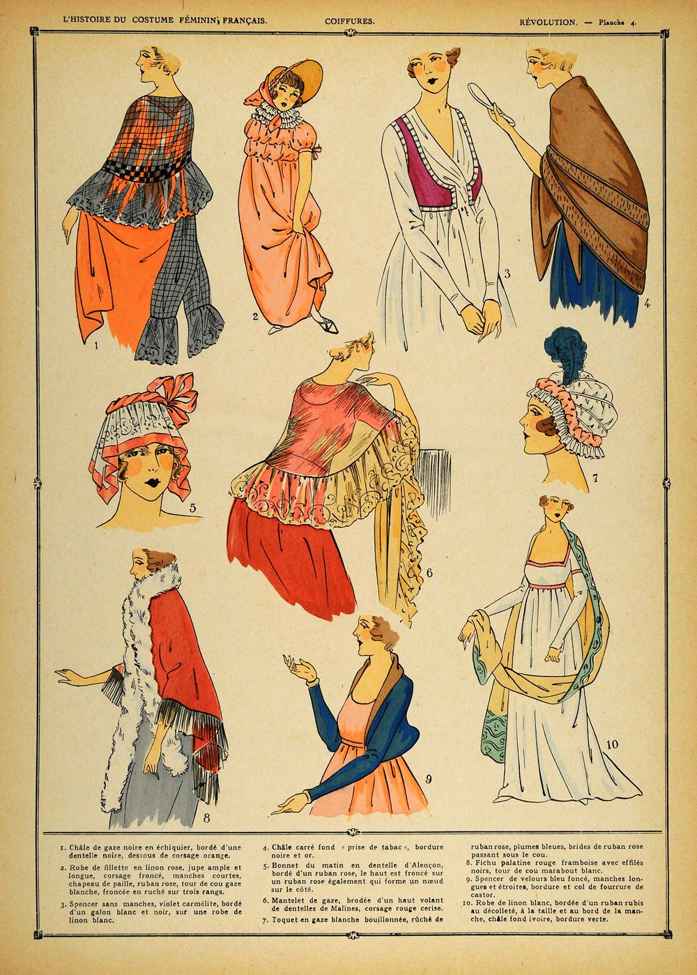 1922 Pochoir French Revolution Costume Lady Hair Shawls - ORIGINAL COS1