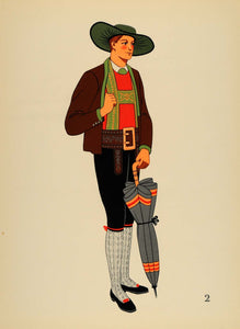 1939 Lederhosen Man Costume Pustertal Austria Litho. - ORIGINAL COS4