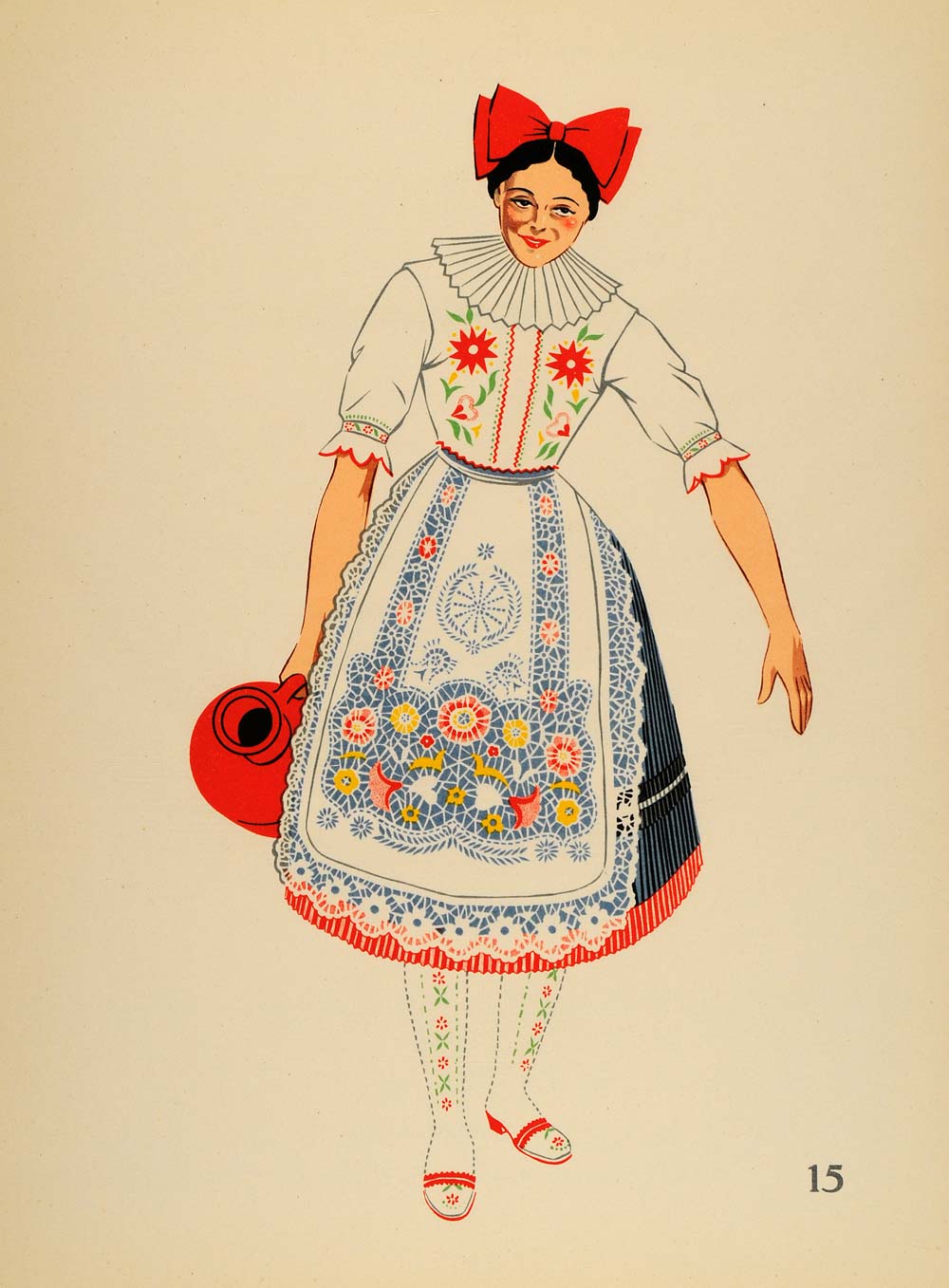 1939 Costume Woman Apron Kalocsa Hungary Lithograph - ORIGINAL COS4