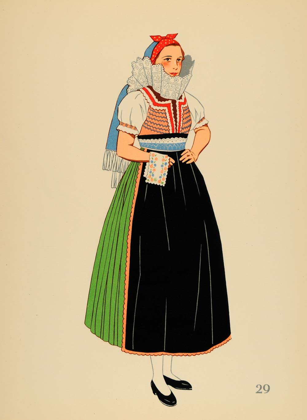1939 Czech Folk Costume Woman Lace Collar Lithograph