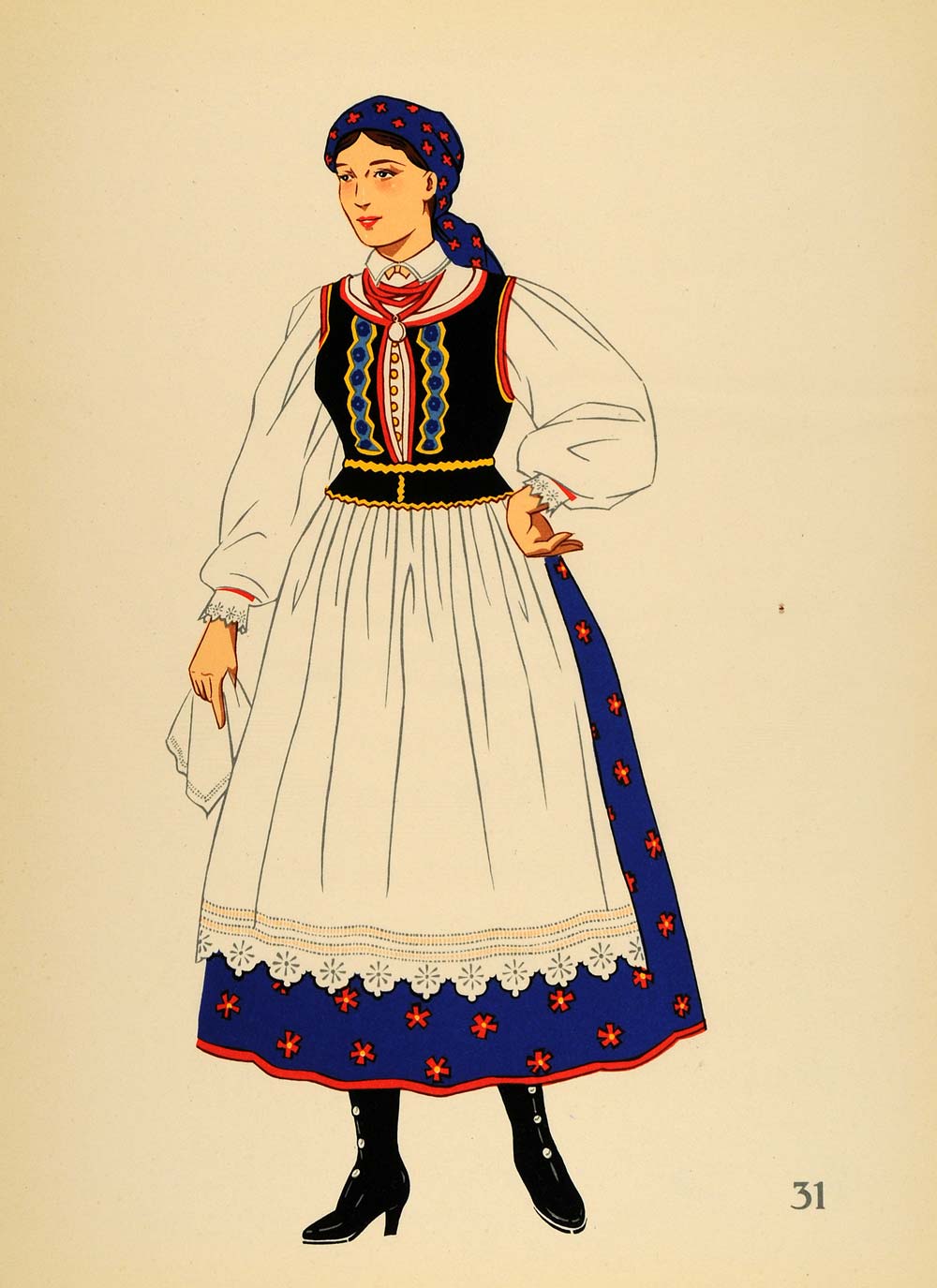 1939 Polish Folk Costume Woman Krakow Poland Lithograph - ORIGINAL COS4