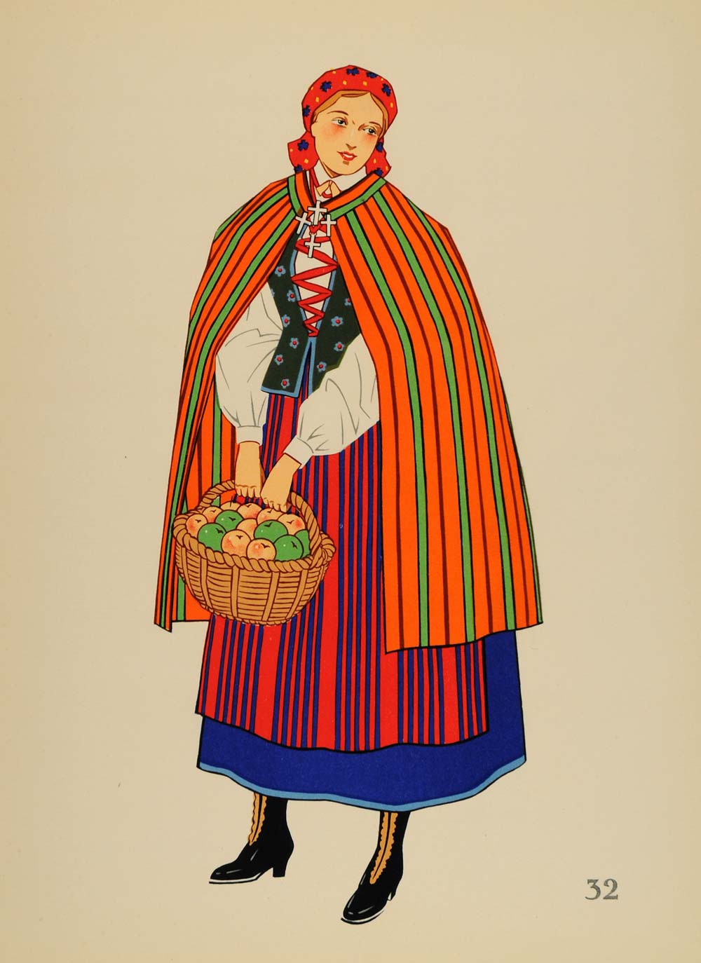 1939 Polish Folk Costume Woman Opoczno Poland Litho. - ORIGINAL COS4