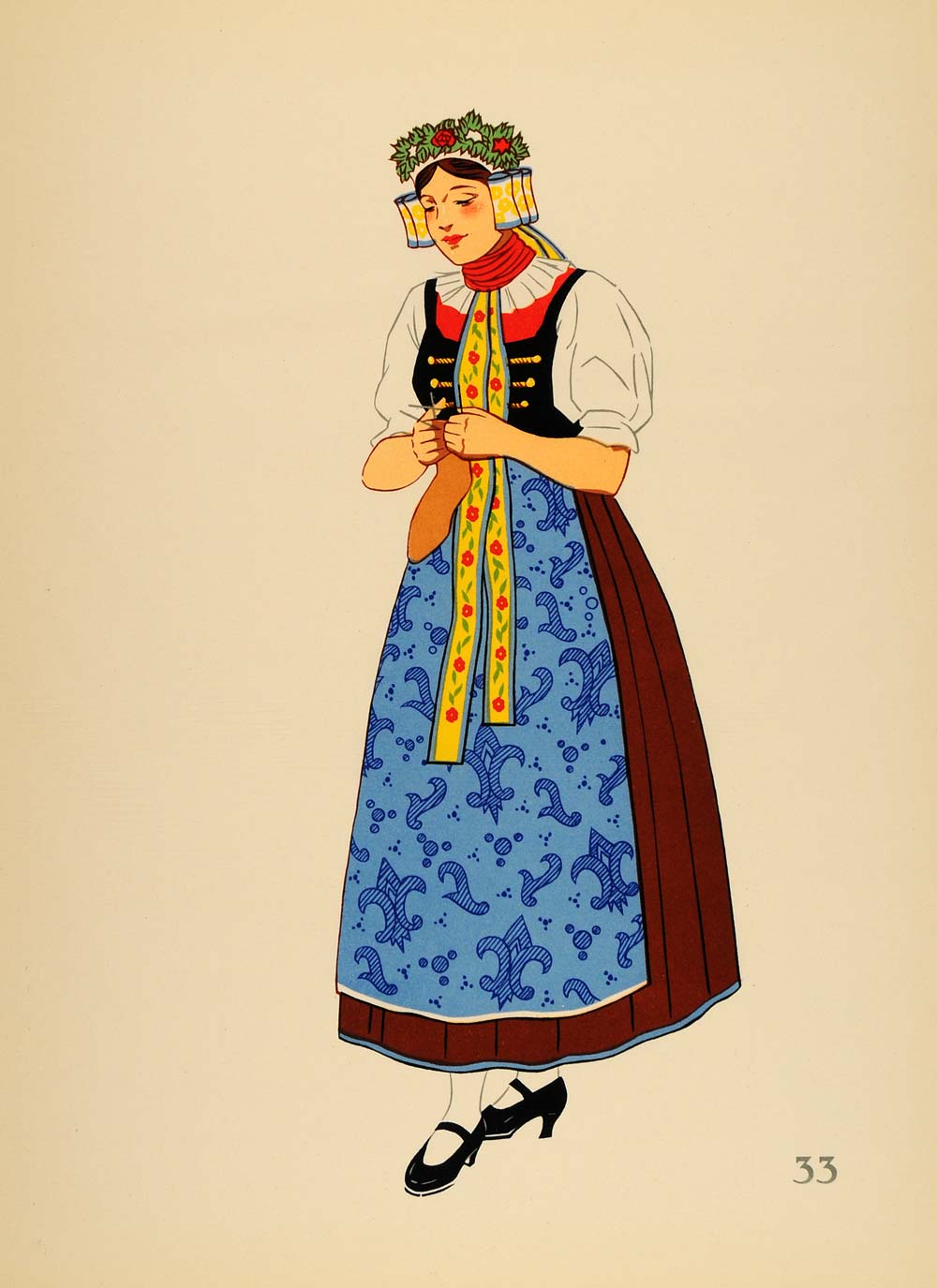 1939 Polish Folk Costume Woman Upper Silesia Lithograph - ORIGINAL COS4