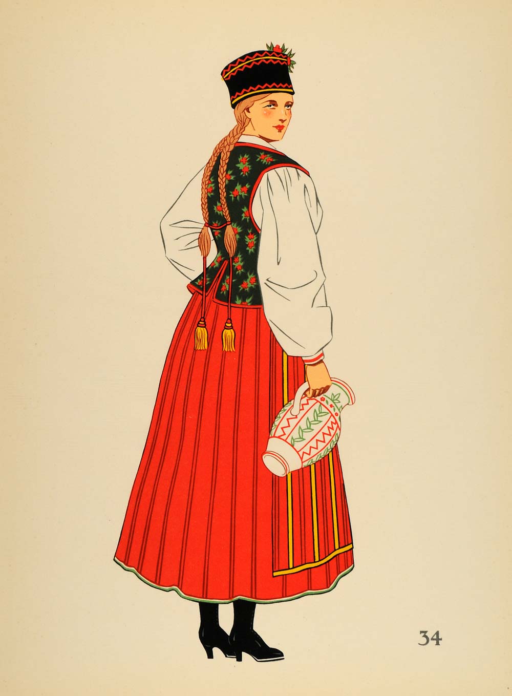 1939 Polish Folk Costume Woman Kurpie Poland Lithograph - ORIGINAL COS4