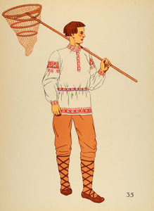1939 Polish Folk Costume Fisherman Poland Lithograph - ORIGINAL COS4