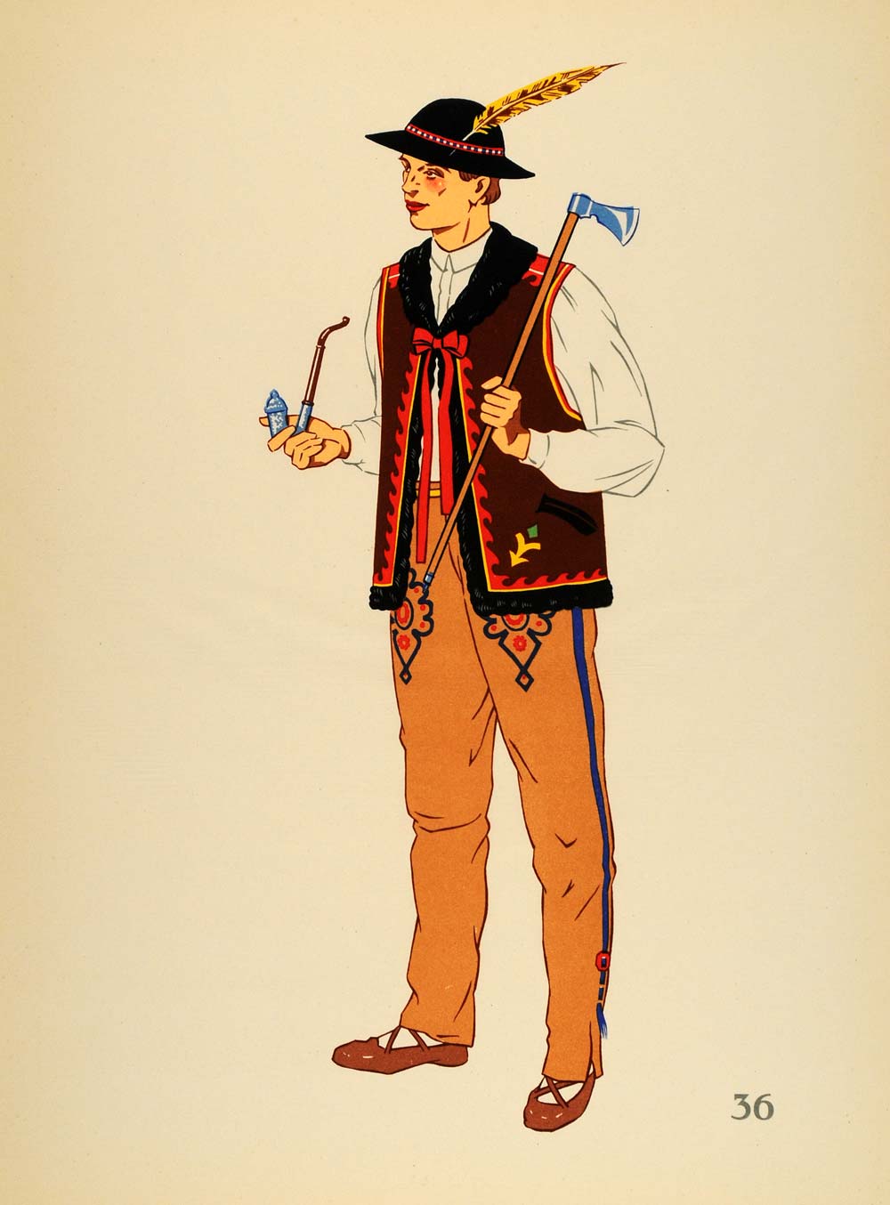 1939 Polish Folk Costume Man Zakopane Poland Lithograph 1939 Polish Folk Costume Man Zakopane Poland Lithograph