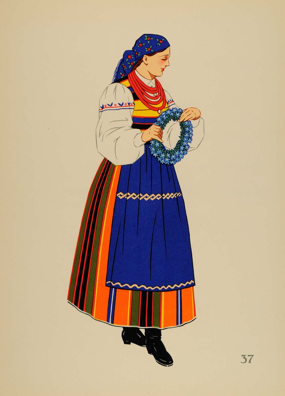1939 Polish Folk Costume Woman Lowicz Poland Lithograph - ORIGINAL COS4