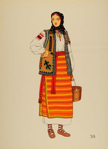 1939 Polish Folk Costume Woman Hutsul Poland Lithograph - ORIGINAL COS4