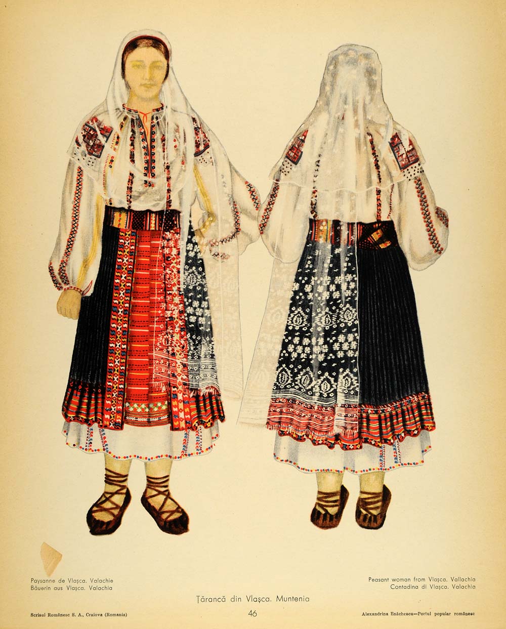 1937 Folk Costume Romanian Peasant Woman Vlasca Print - ORIGINAL COS5
